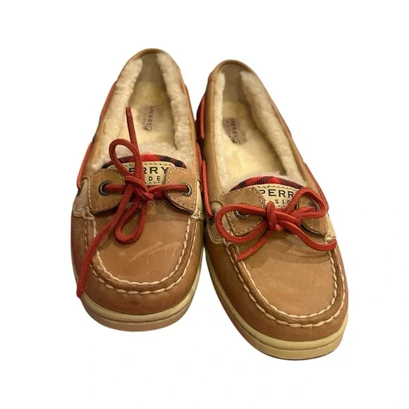 Sperry Top Sider Leather With Lambswool Shoes Womens Size 6M Brown Red Plaid - Picture 2 of 12